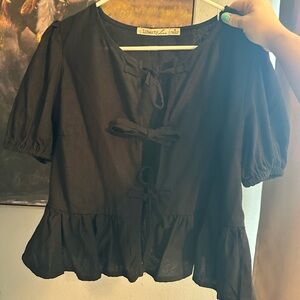 Women’s Black Woven Puffy Sleeve Tie up Top